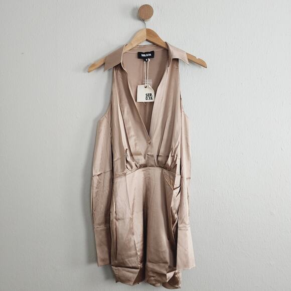 SER.O.YA Retrofete Shea Silk Off-Shoulder Wrap Mini Dress Natural S NWT - Picture 5 of 13